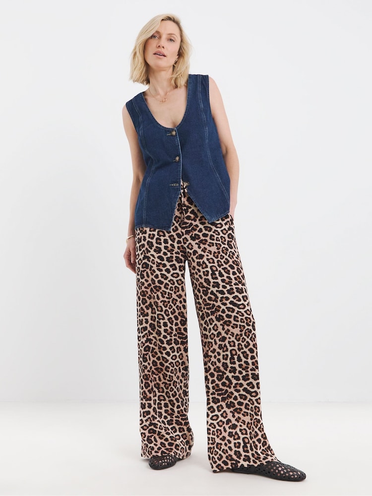 JD Williams Animal Print Lightweight Wide Leg Trousers - Image 1 of 5