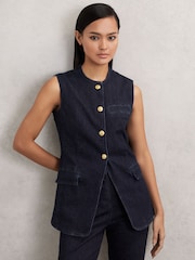 Reiss Dark Blue Athena Denim Long-Line Waistcoat - Image 1 of 6