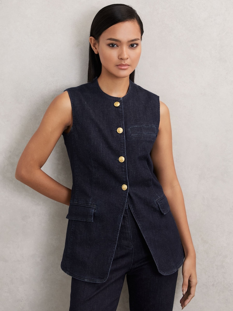 Reiss Dark Blue Athena Denim Long-Line Waistcoat - Image 1 of 6 Reiss Dark Blue Athena Denim Long-Line Waistcoat - Image 1 of 6