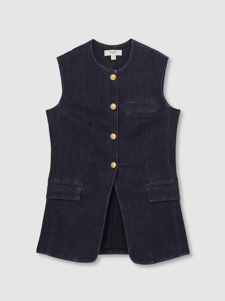 Reiss Dark Blue Athena Denim Long-Line Waistcoat - Image 2 of 6 Reiss Dark Blue Athena Denim Long-Line Waistcoat - Image 2 of 6