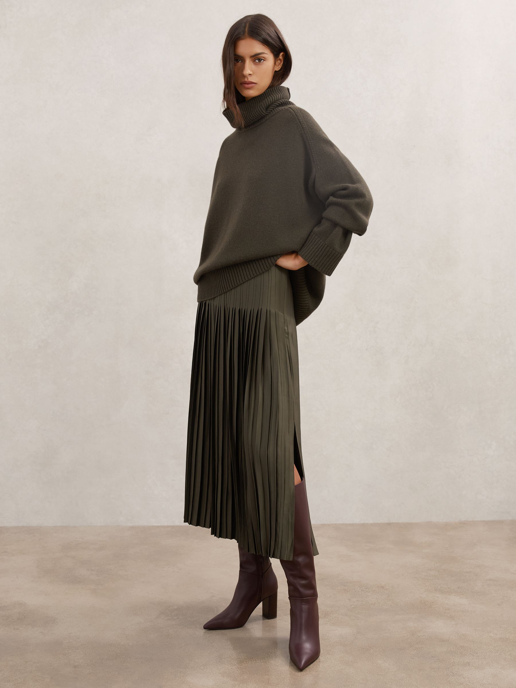 Buy Reiss Khaki Green Savannah Satin Pleated Midi Skirt from Next USA