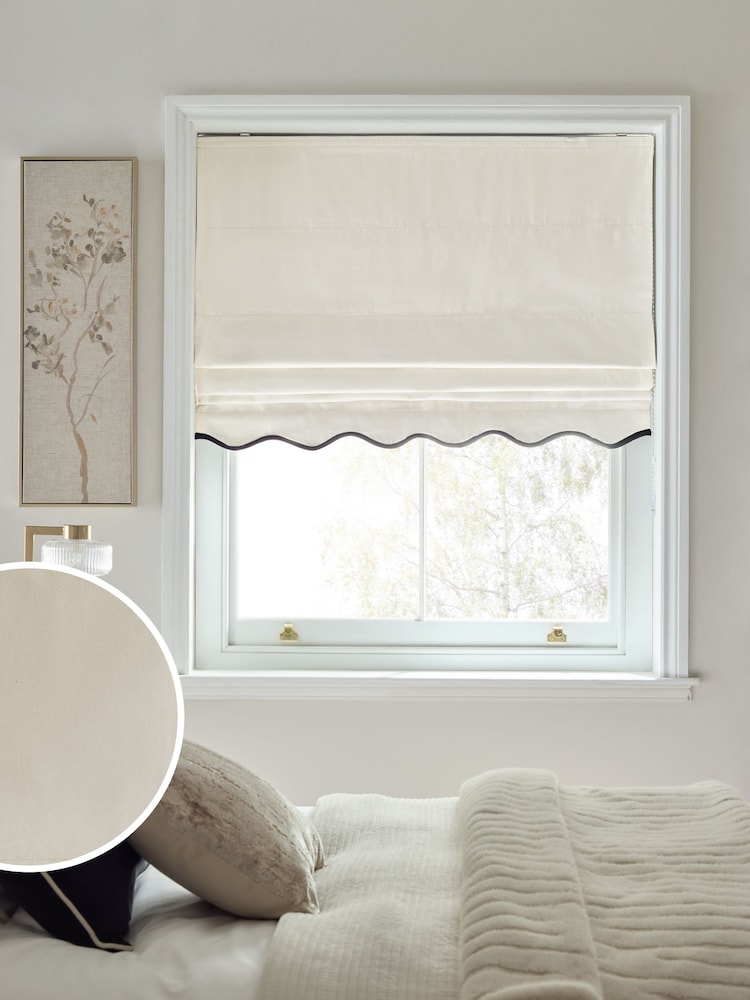Light Natural/Black Ready Made Blackout Thermal Scalloped Trim Cotton Roman Blinds - Image 1 of 7