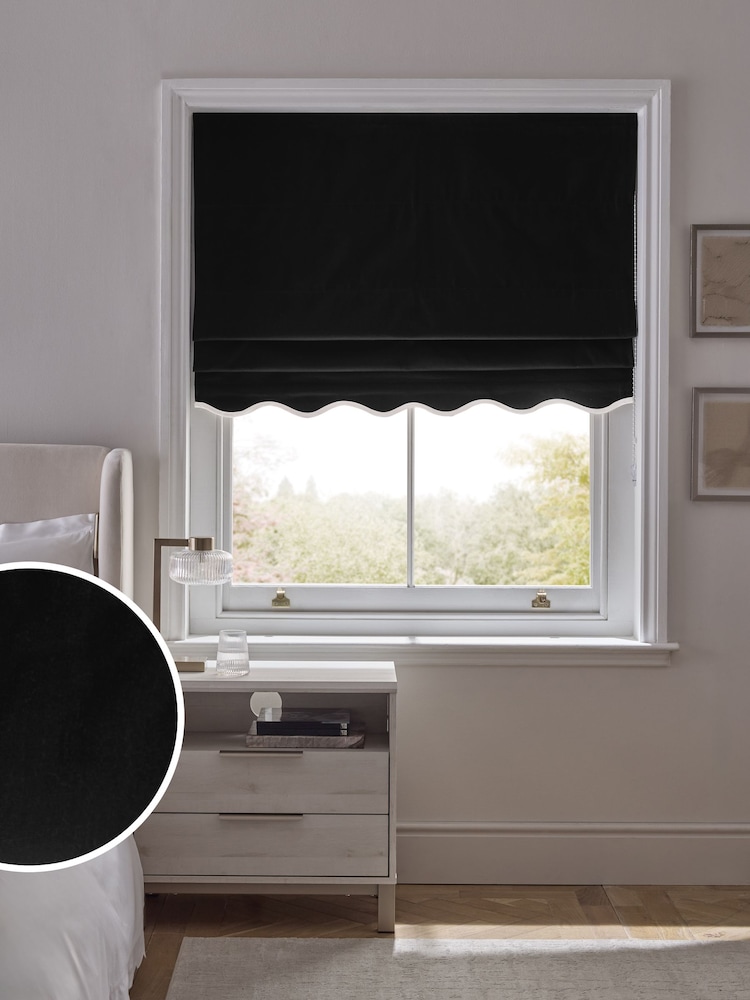 Black/Light Natural Ready Made Blackout Thermal Scalloped Trim Cotton Roman Blinds - Image 1 of 7