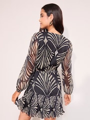 Friends Like These Black Mono Petite Long Sleeve Chiffon Pleated Hem Geo Mini Dress - Image 5 of 5