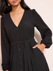 Friends Like These Black Petite Long Sleeve Tie Waist Button Up Textured Midi Dress - Image 4 of 5
