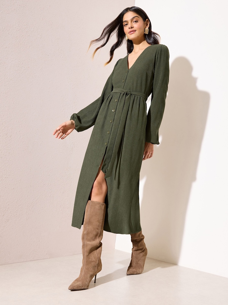 Buy Friends Like These Khaki Green Petite Long Sleeve Tie Waist Button Up Textured Midi Dress from Next USA Buy Friends Like These Khaki Green Petite Long Sleeve Tie Waist Button Up Textured Midi Dress from Next USA