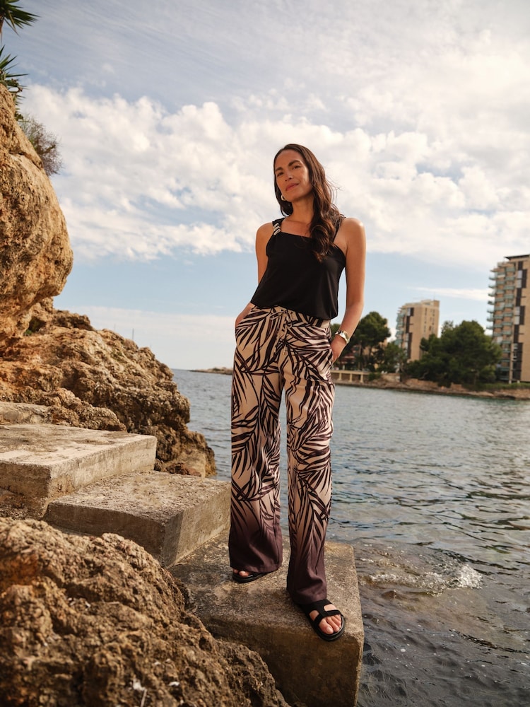 JD Williams White Leaf Print Herringbone Wide Leg Trousers - Image 1 of 6 JD Williams White Leaf Print Herringbone Wide Leg Trousers - Image 1 of 6