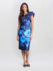 Gina Bacconi Blue Venus Printed Asymmetric Dress With Frill Sleeve - Image 1 of 6