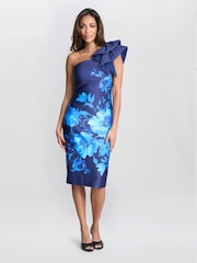 Gina Bacconi Blue Venus Printed Asymmetric Dress With Frill Sleeve - Image 3 of 6
