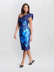 Gina Bacconi Blue Venus Printed Asymmetric Dress With Frill Sleeve - Image 5 of 6