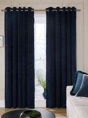 Blue Dark Navy Matte Velvet Fringe Blackout/Thermal Eyelet Curtains - Image 3 of 6