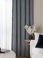 Grey Charcoal Matte Velvet Fringe Blackout/Thermal Eyelet Curtains - Image 3 of 6