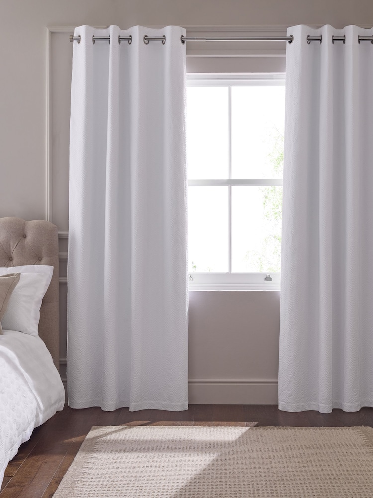 White Embossed Geometric Leaf Pattern Blackout Thermal Eyelet Curtains - Image 2 of 7