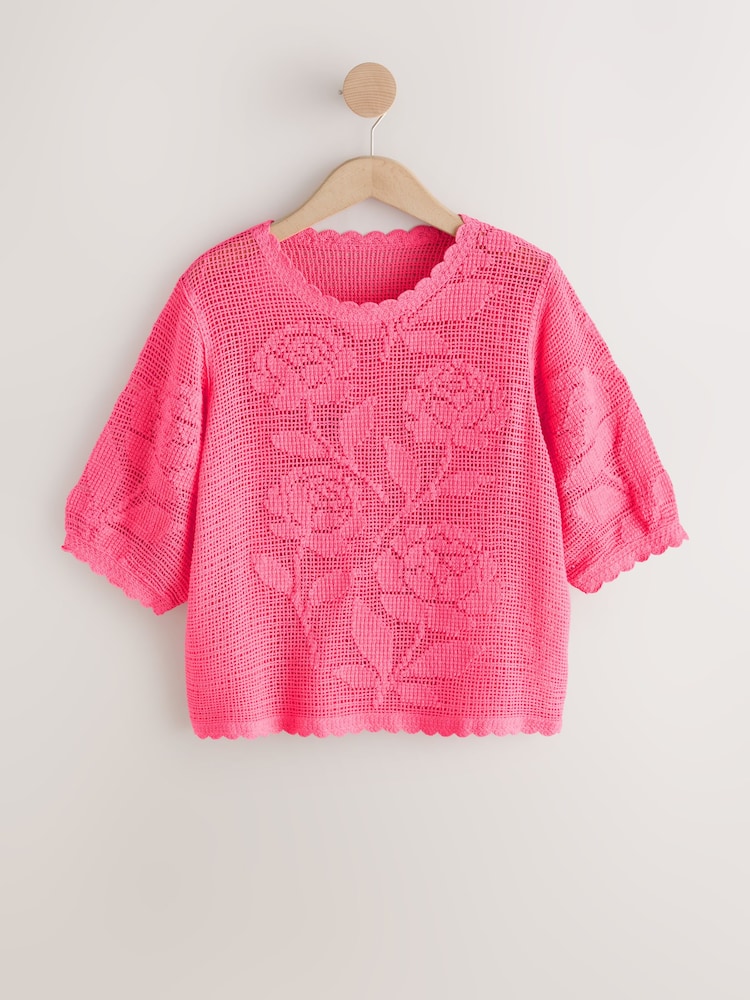 Bright Pink Short Sleeve Floral Crochet Crew Neck T-Shirt - Image 1 of 3