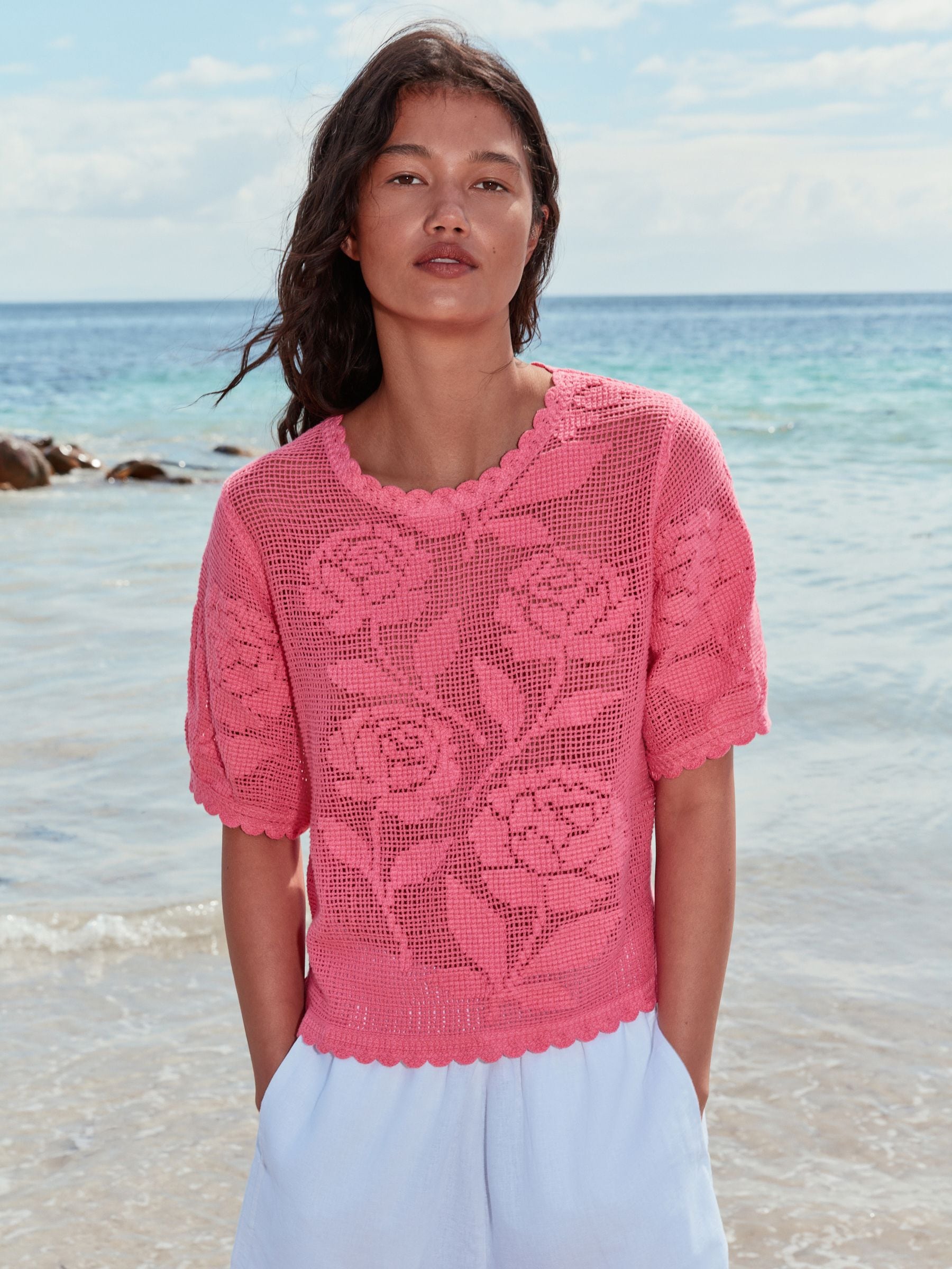 Buy Bright Pink Floral Crochet Short Sleeve Crew Neck T-Shirt from