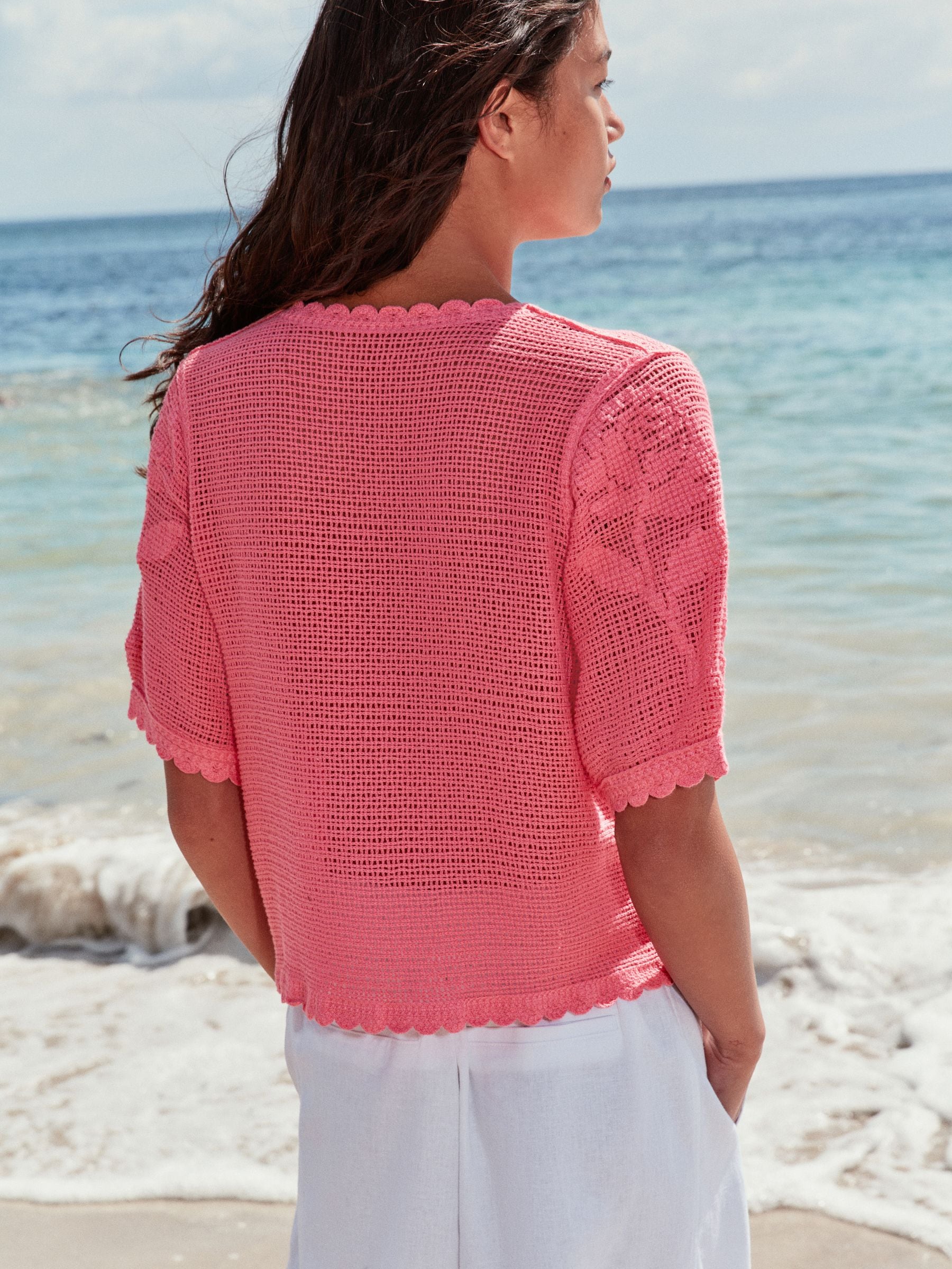 Buy Bright Pink Floral Crochet Short Sleeve Crew Neck T-Shirt from