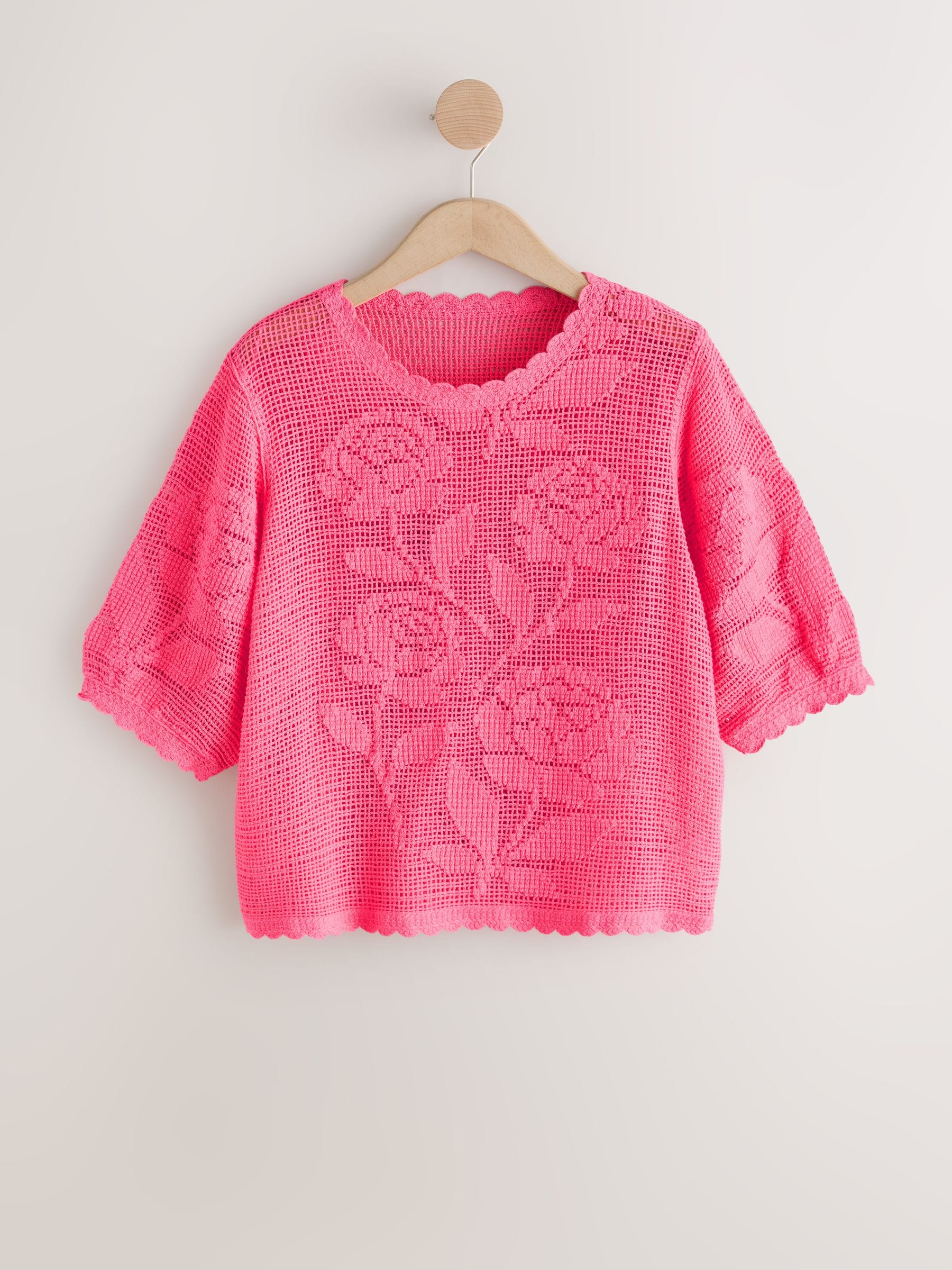 Buy Bright Pink Floral Crochet Short Sleeve Crew Neck T-Shirt from