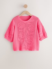 Bright Pink Short Sleeve Floral Crochet Crew Neck T-Shirt - Image 5 of 7