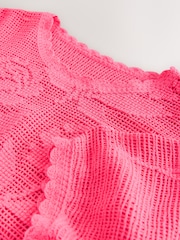 Bright Pink Short Sleeve Floral Crochet Crew Neck T-Shirt - Image 6 of 7