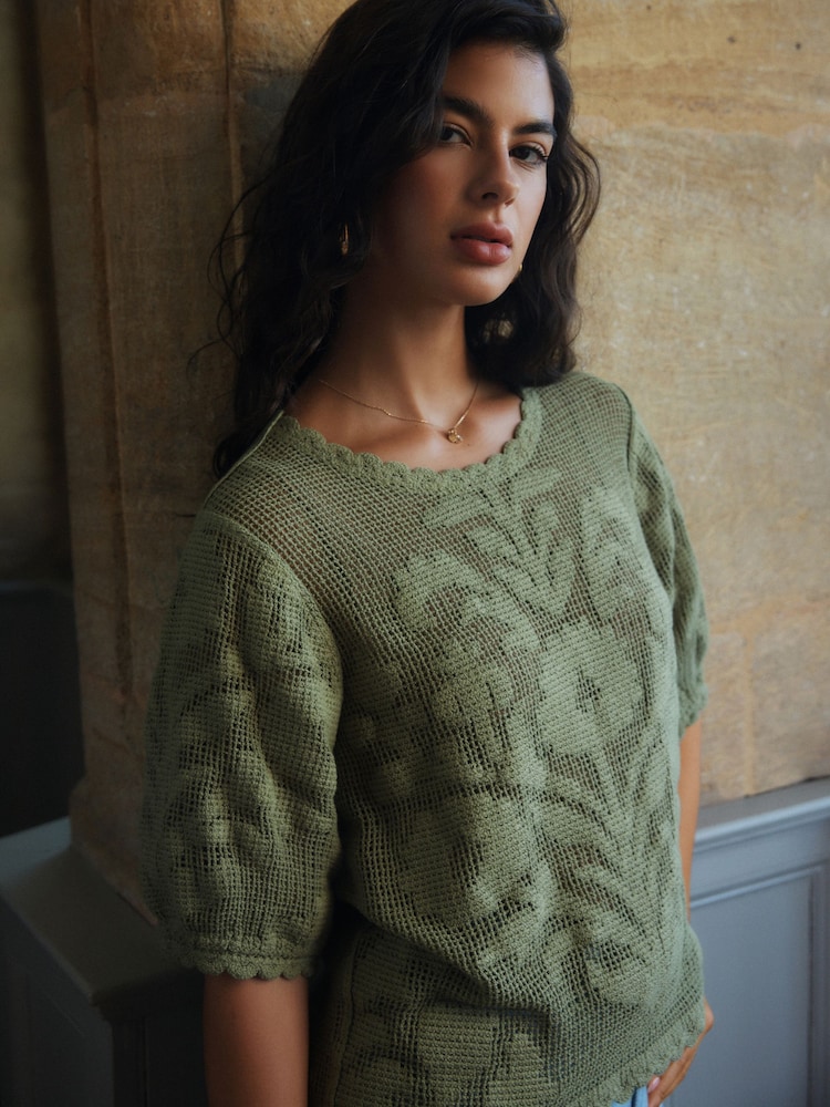 Khaki Green National Trust Floral Crochet Short Sleeve Crew Neck T-Shirt - Image 1 of 9