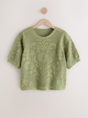Khaki Green National Trust Floral Crochet Short Sleeve Crew Neck T-Shirt - Image 7 of 9