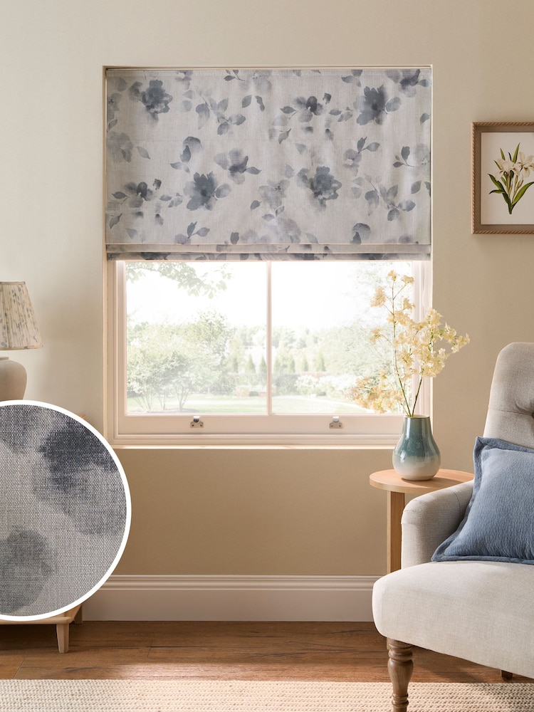 Grey Ready Made Blackout Thermal Floral Print Roman Blind - Image 1 of 7 Grey Ready Made Blackout Thermal Floral Print Roman Blind - Image 1 of 7