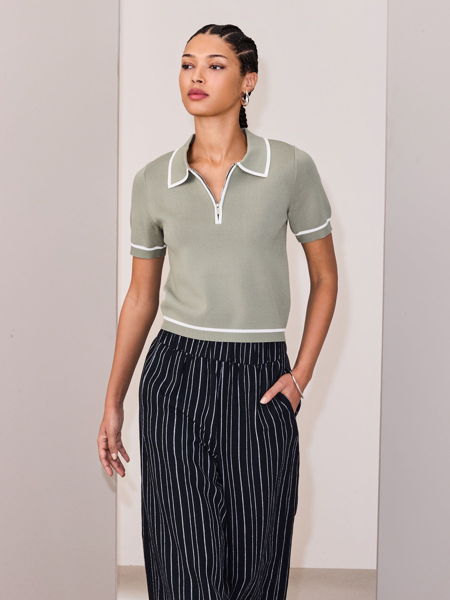 Buy Sage Green Tipped Zip Neck Knitted Polo Top from Next Romania