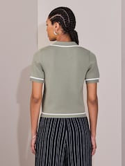 أخضر فاتح بحواف مزيّنة - Zip Neck Knitted Polo Top - Image 4 of 8