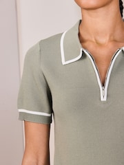 أخضر فاتح بحواف مزيّنة - Zip Neck Knitted Polo Top - Image 5 of 8