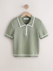 أخضر فاتح بحواف مزيّنة - Zip Neck Knitted Polo Top - Image 6 of 8