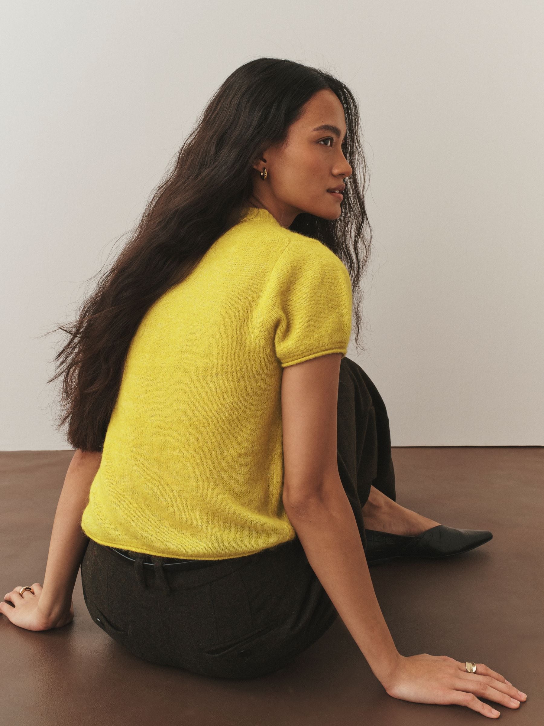 Buy Citrine Yellow Sheer Knitted Short Sleeve T-Shirt with Alpaca