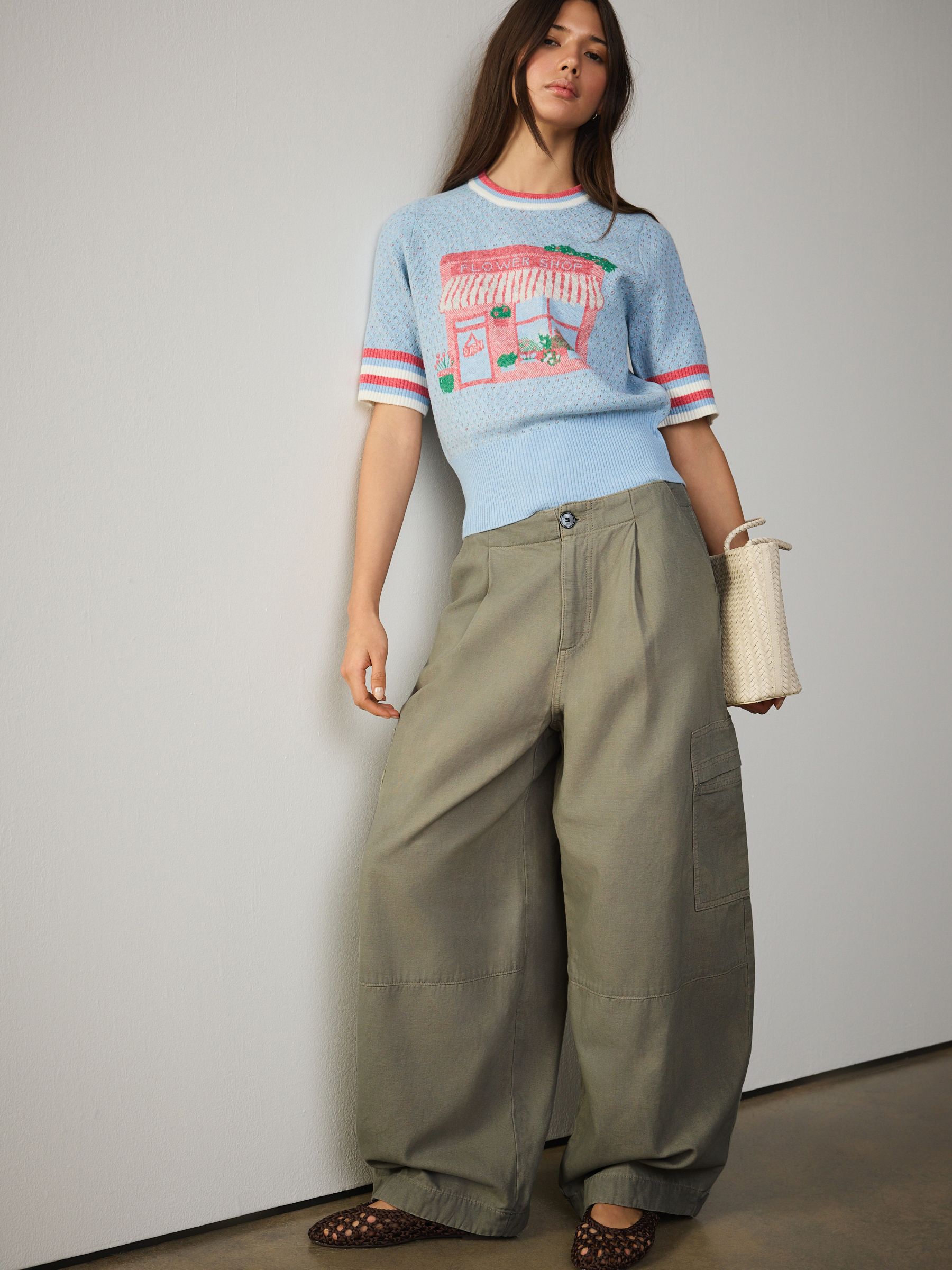 Buy Light Blue Flower Graphic Supersoft Short Sleeve Knitted Top