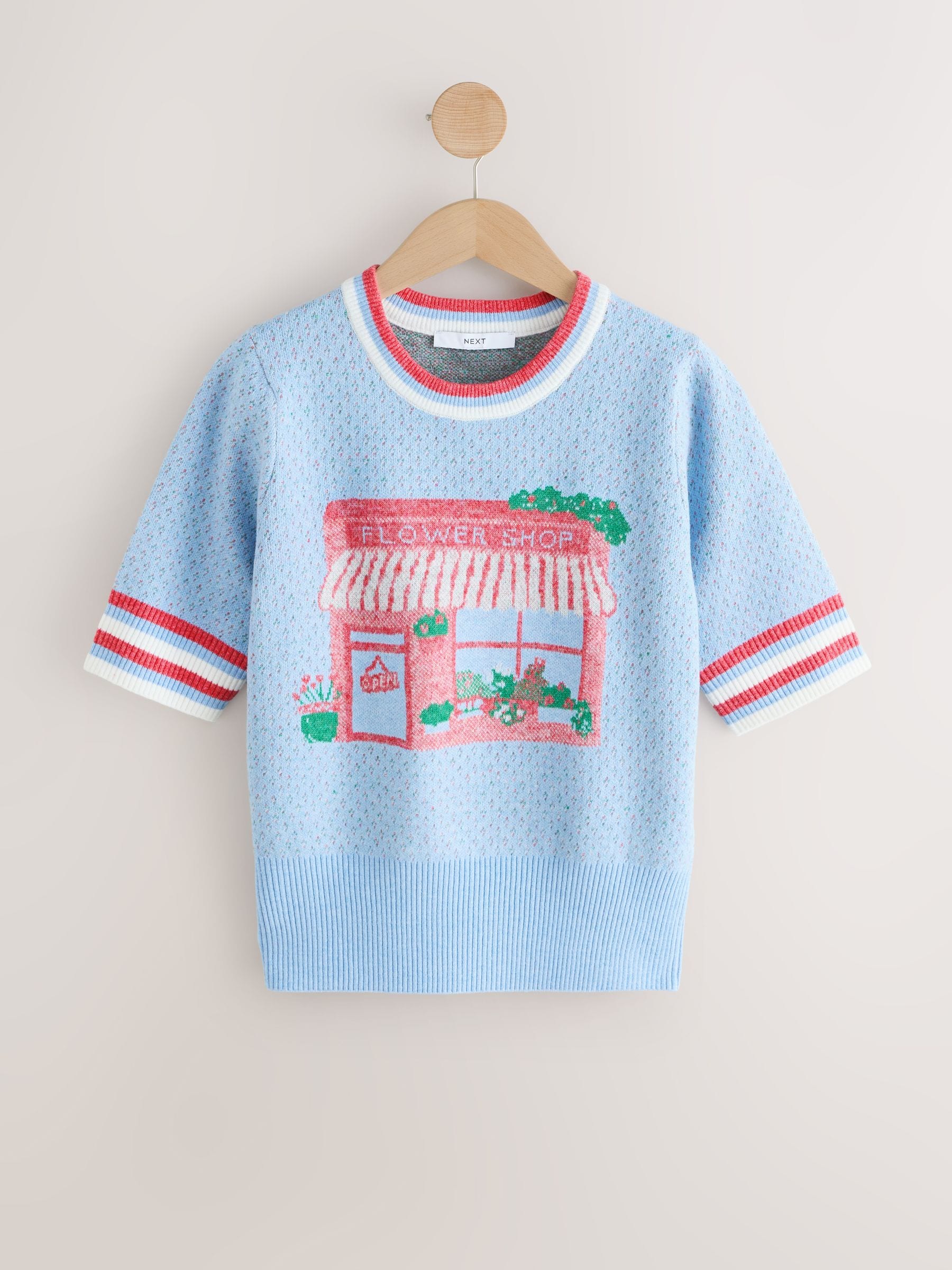 Buy Light Blue Flower Graphic Supersoft Short Sleeve Knitted Top