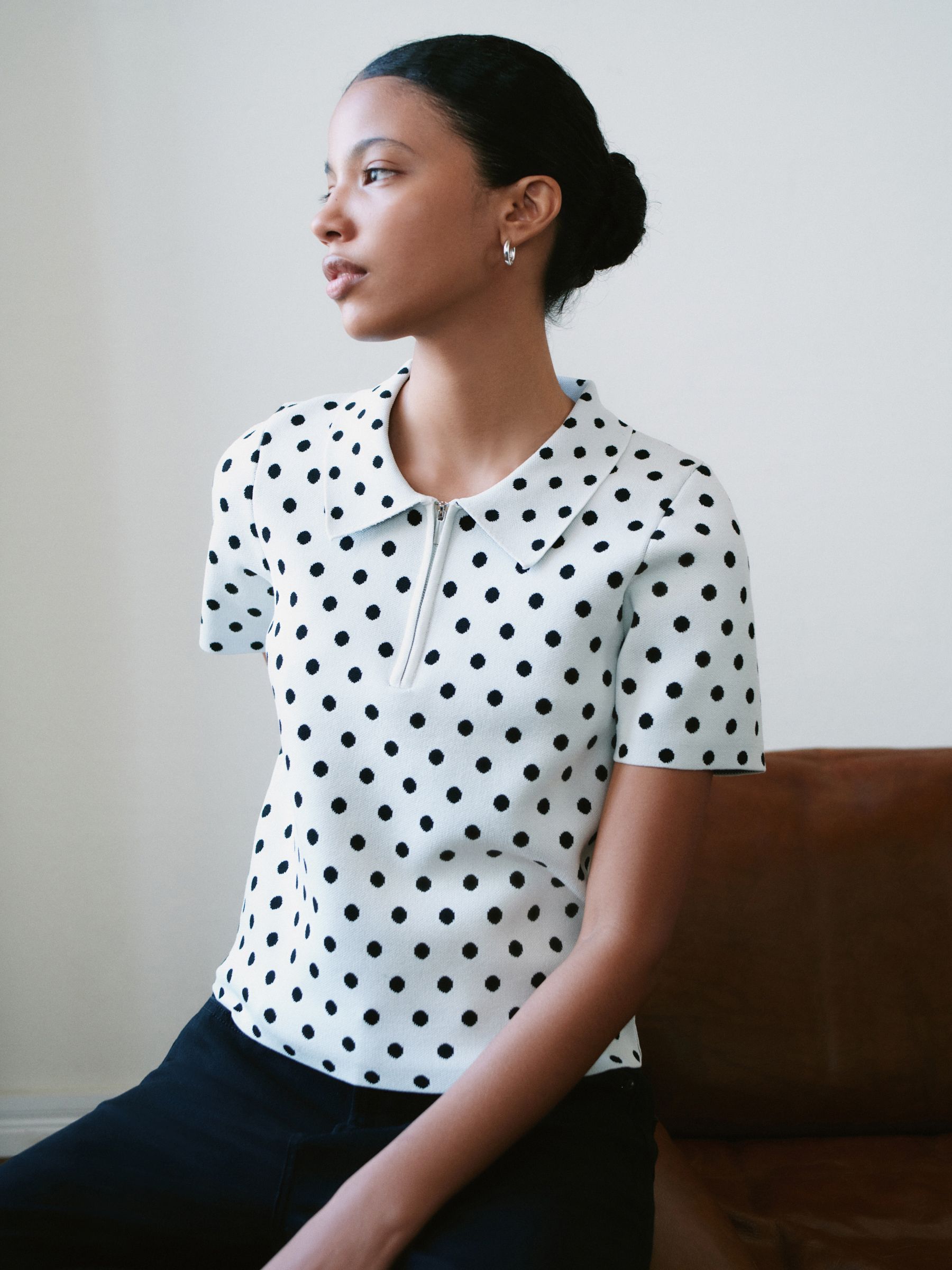 Buy White/Black Polka Dot Zip Neck Knitted Polo Top from the Next