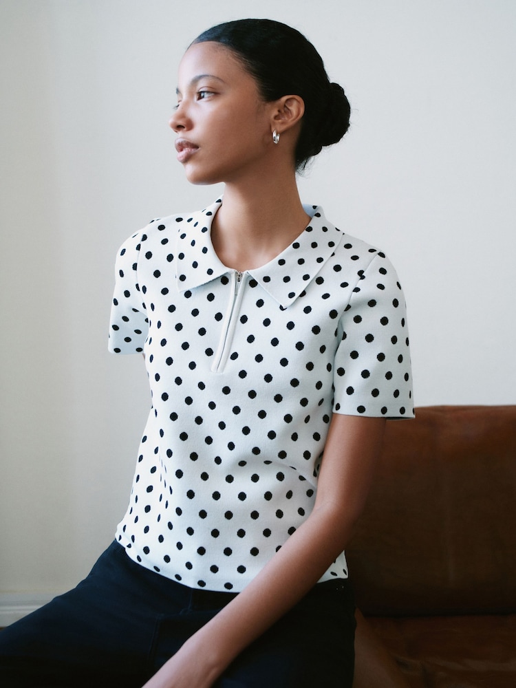 Weiß/Schwarz gepunktet - Zip Neck Knitted Polo Top - Bild 2 von 7