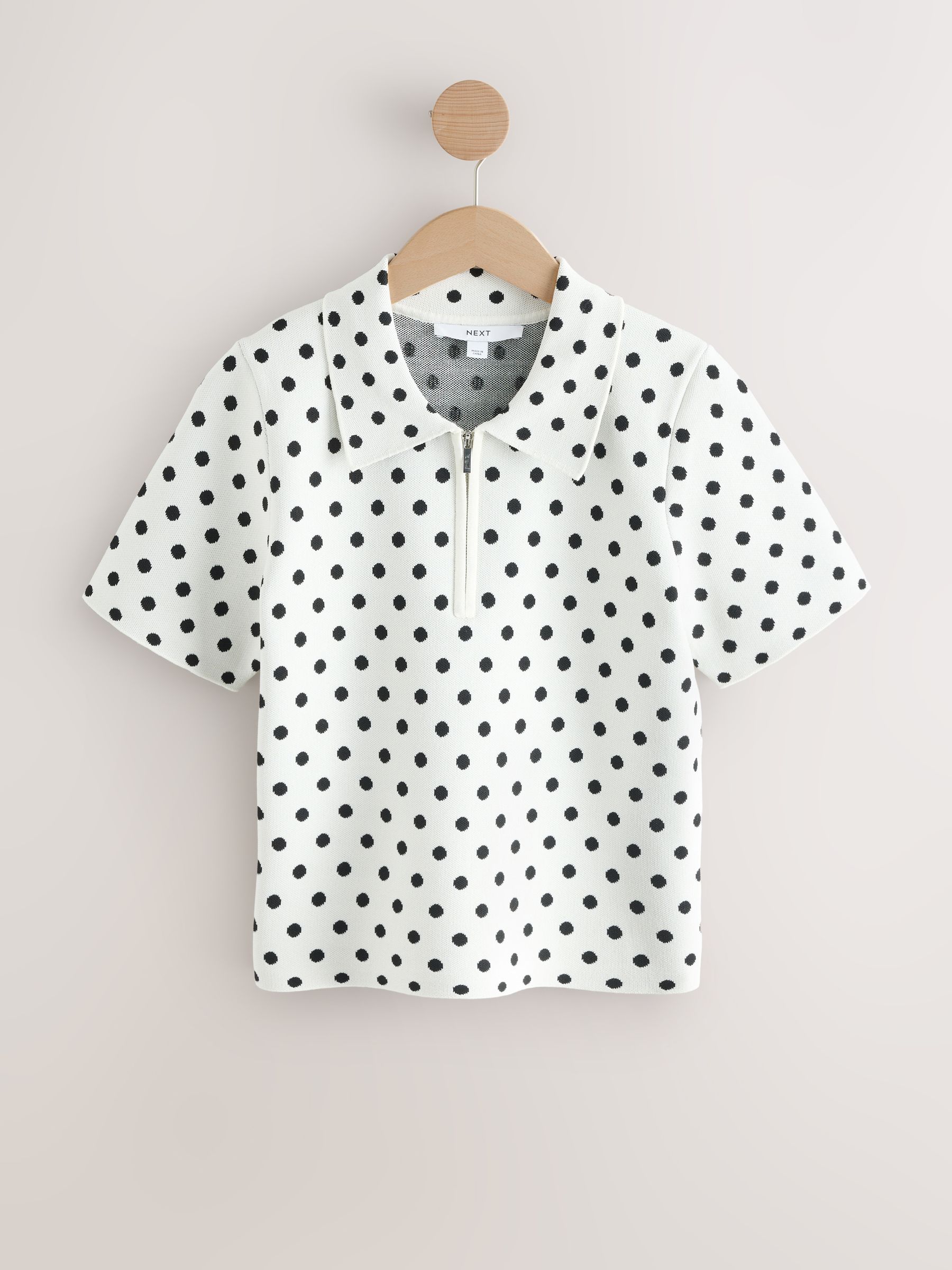 Buy White/Black Polka Dot Zip Neck Knitted Polo Top from the Next