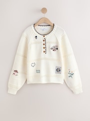 Ecru Cotton Rich Embroidered Detail Knitted Jumper - Image 1 of 3