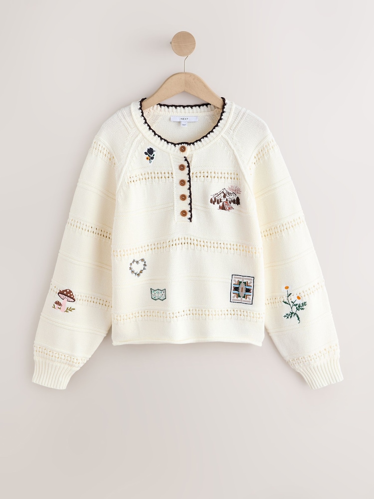 Ecru Cotton Rich Embroidered Detail Knitted Jumper - Image 1 of 3