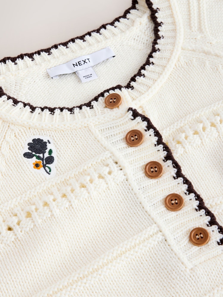 Ecru Cotton Rich Embroidered Detail Knitted Jumper - Image 2 of 3