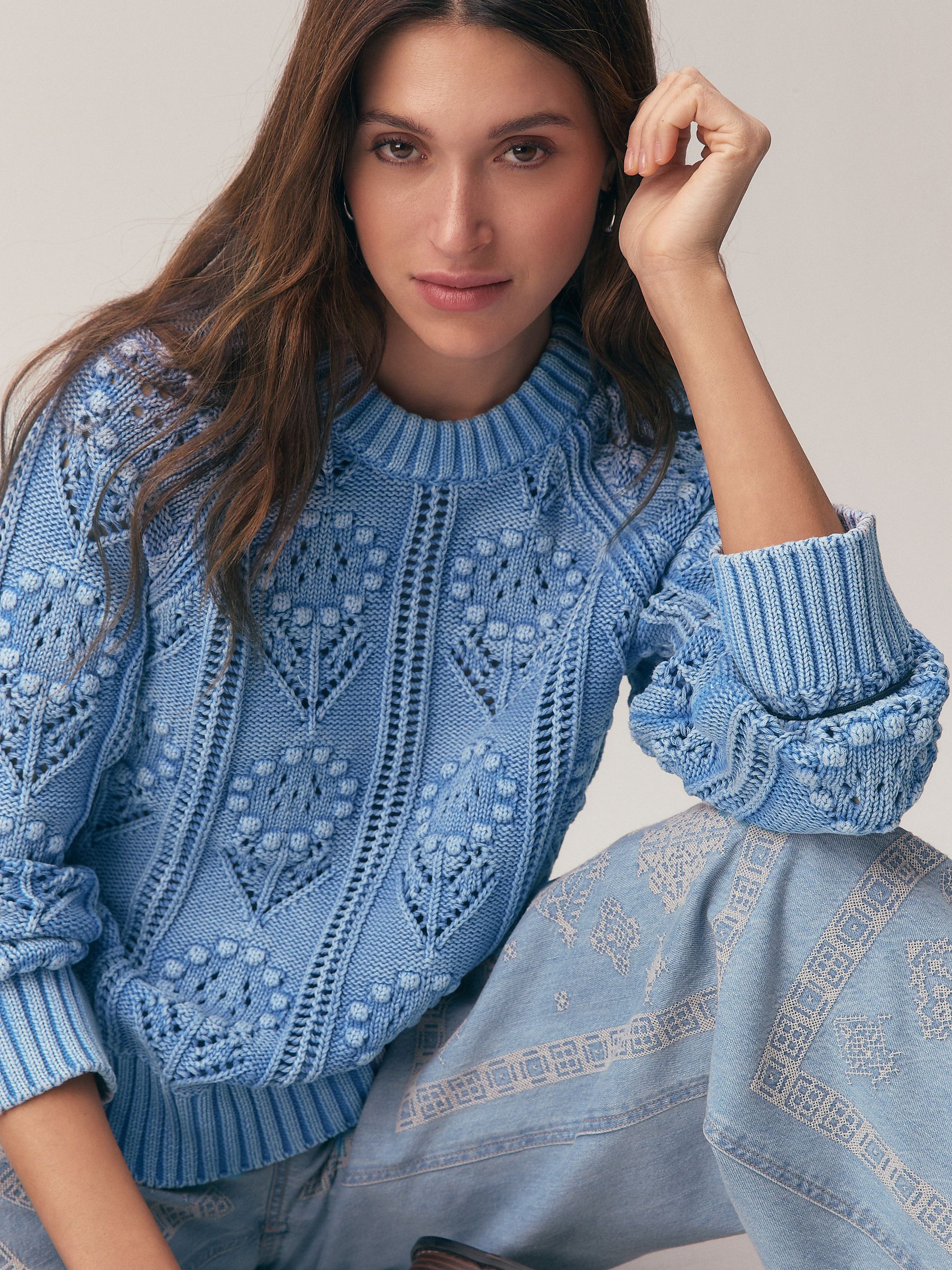 Buy Blue Washed 100% Cotton Floral Stitch Jumper from Next Romania