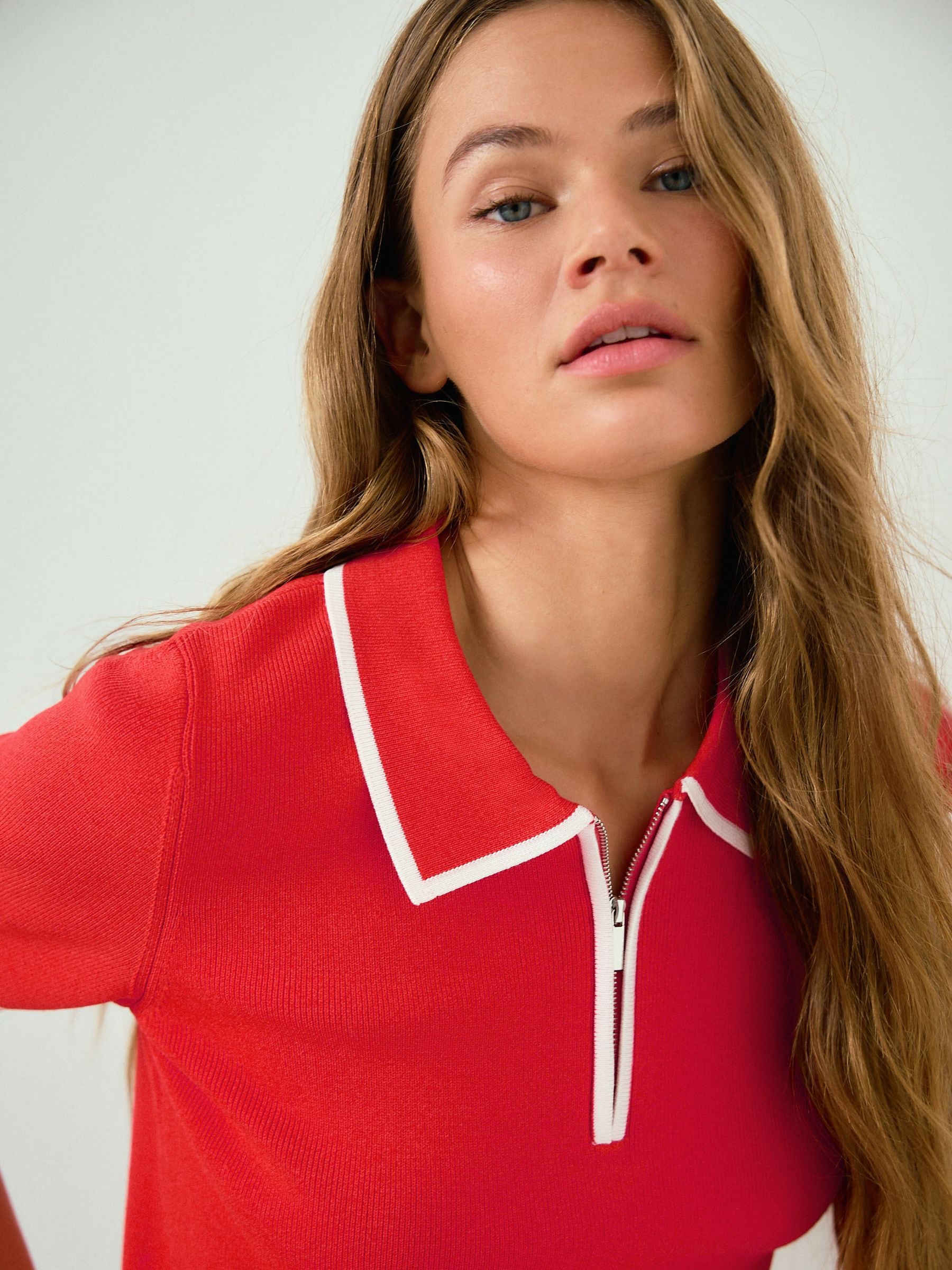 Buy Red Tipped Zip Neck Knitted Polo Top from the Next UK online shop
