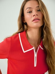 أحمر بحافة - Zip Neck Knitted Polo Top - Image 5 of 8