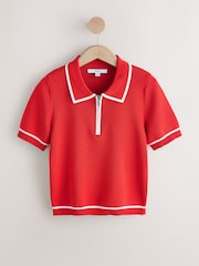 أحمر بحافة - Zip Neck Knitted Polo Top - Image 6 of 8