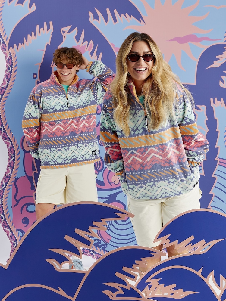 Harper & Lewis Pink Raver Retro Pattern 1/4 Zip Fleece - Image 2 of 9