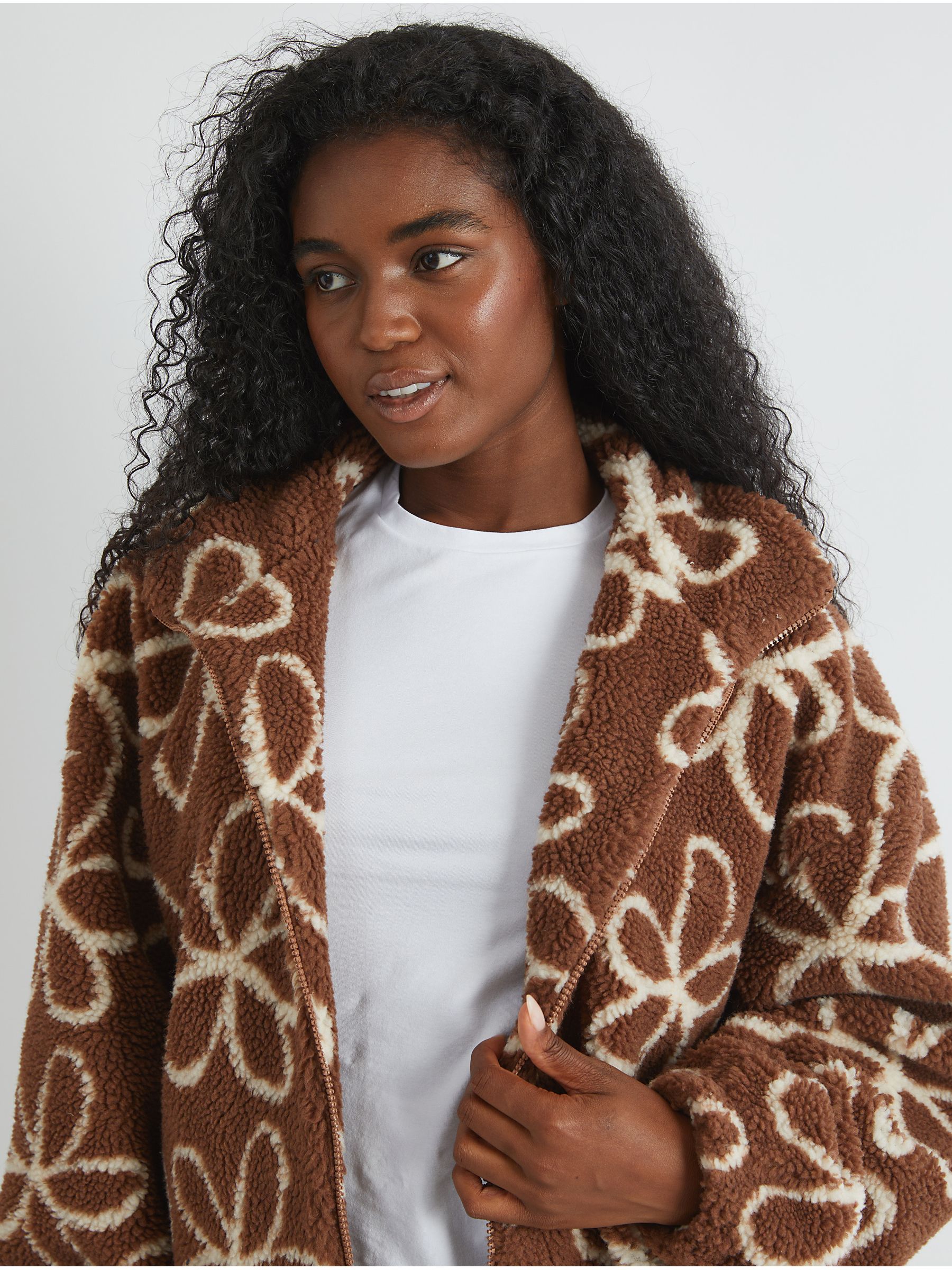 Buy Skinnydip Brown Doodle Flower Borg Jacket in Brown from the