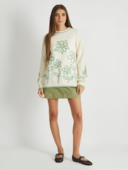 Skinnydip White Floral Applique Knitted Jumper in Cream & Sage - Image 1 of 4