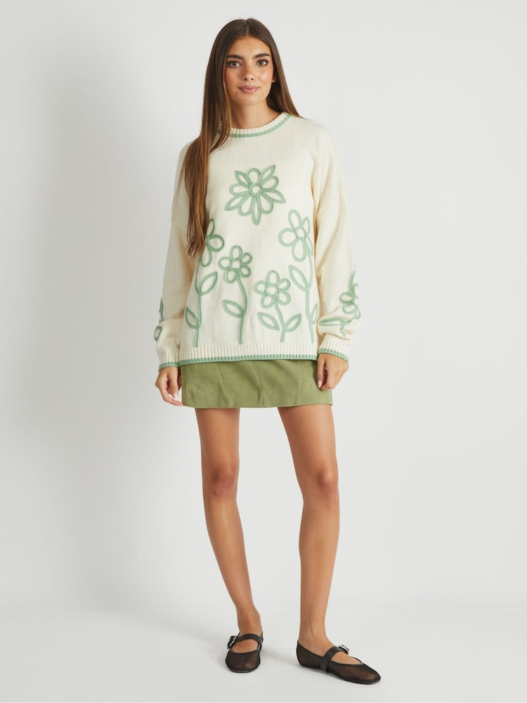 Skinnydip White Floral Applique Knitted Jumper in Cream & Sage - Image 1 of 4