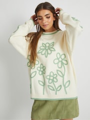 Skinnydip White Floral Applique Knitted Jumper in Cream & Sage - Image 3 of 4