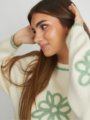 Skinnydip White Floral Applique Knitted Jumper in Cream & Sage - Image 4 of 4