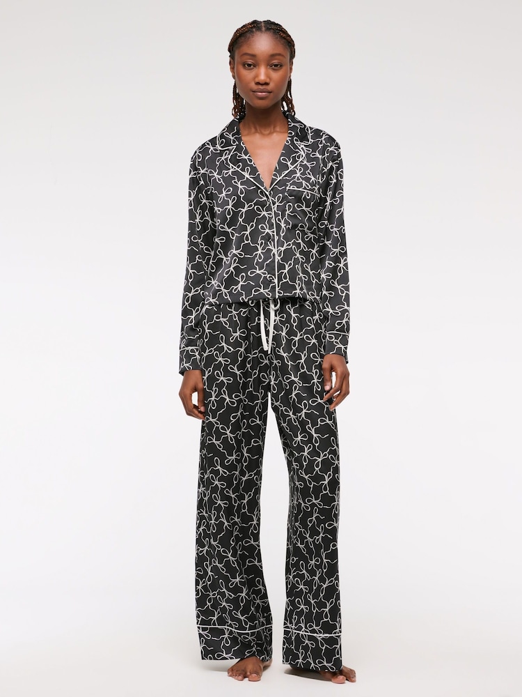 Abercrombie & Fitch Bow Print Button Through Black Pyjamas Top - Image 2 of 6